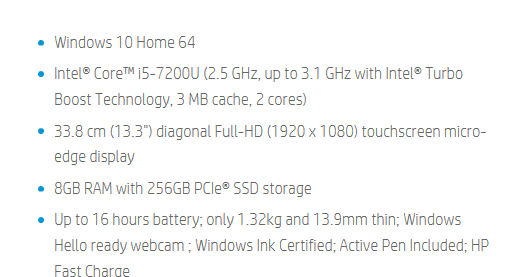 HP Spectre technical features